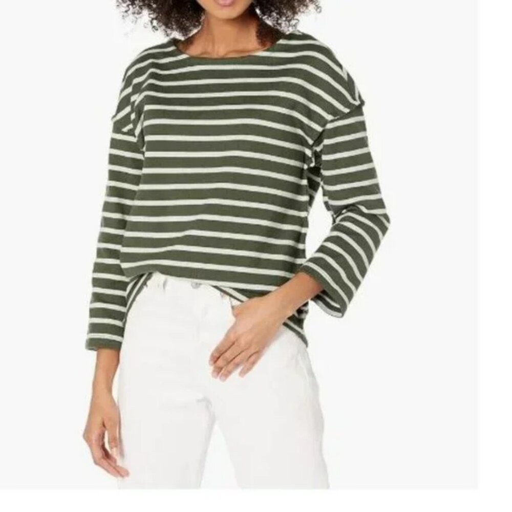 Madewell Green and White Striped Long Sleeve Tee